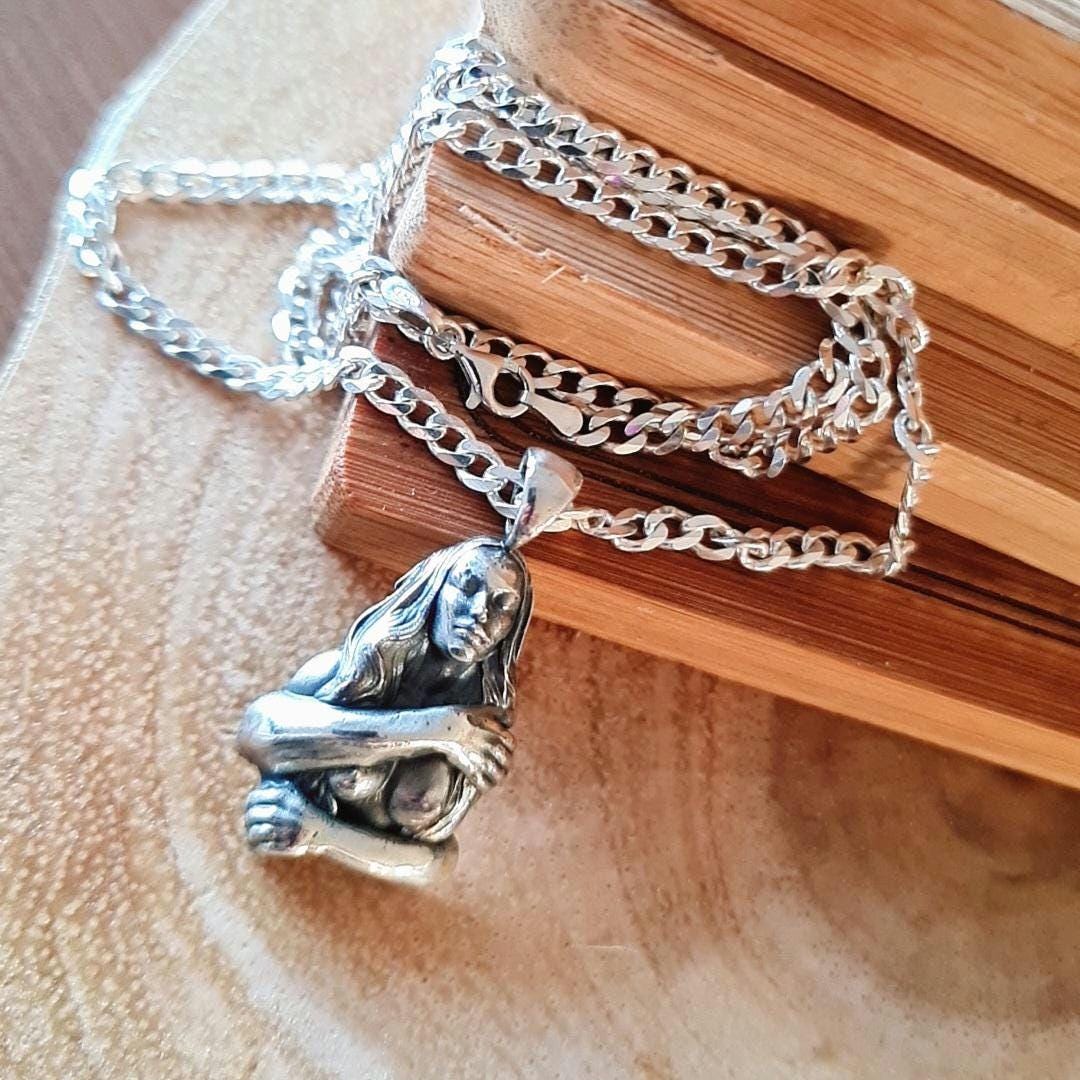 Retro topless godess held by man's arms- Pendant in 925 Sterling Silver -Unique Handcrafted Gift for Her or him