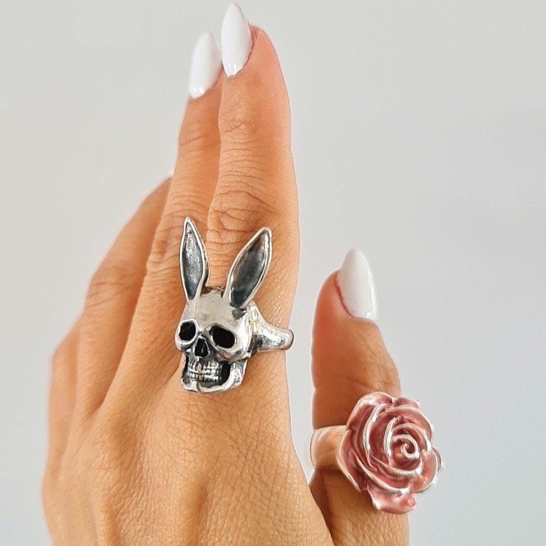 Handmade Sterling Silver Bunny Skull Ring: Gothic Statement Jewelry