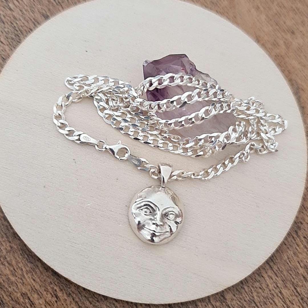Crescent full Moon Face Pendant in 925 Sterling Silver - Unique Handcrafted solid