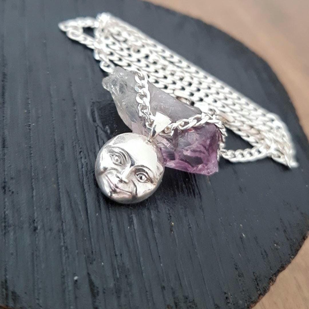 Crescent full Moon Face Pendant in 925 Sterling Silver - Unique Handcrafted solid
