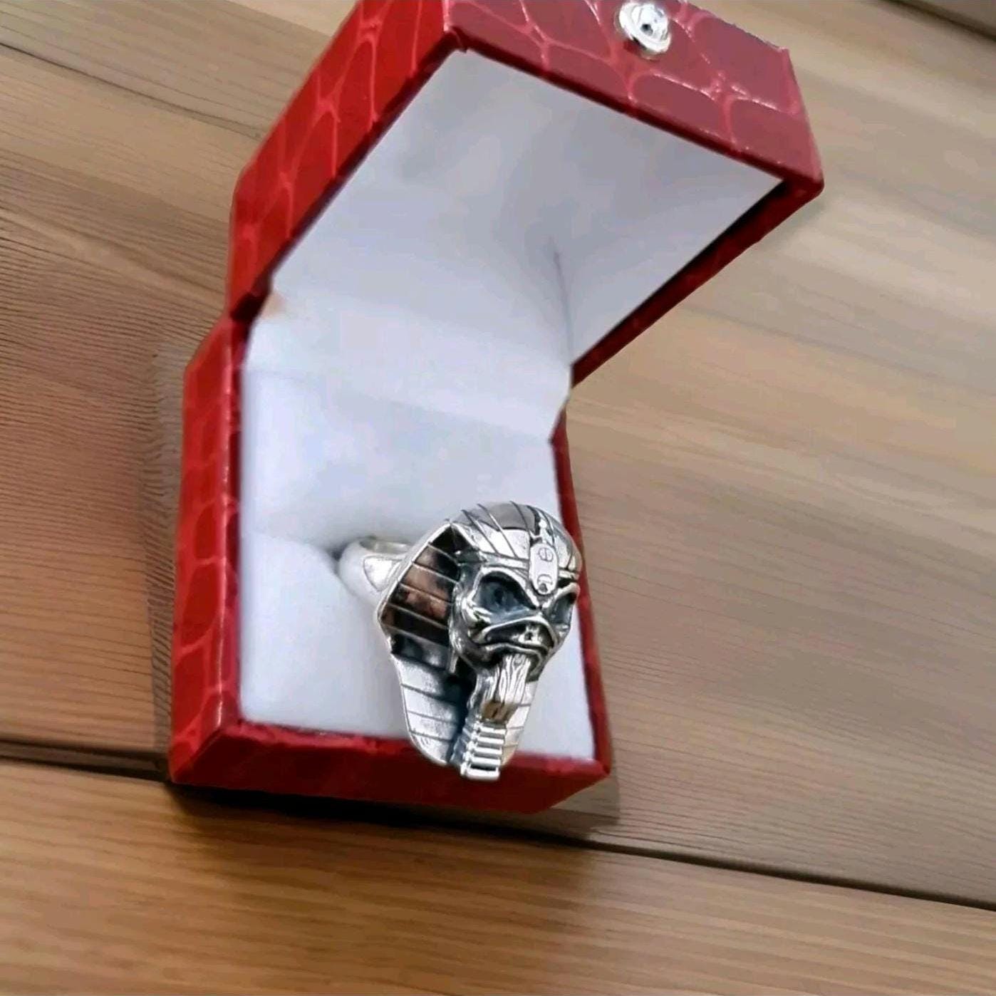 Handmade Sterling Silver Iron Maiden Powerslave Pharaoh King Skull Ring: Gothic Biker Jewelry