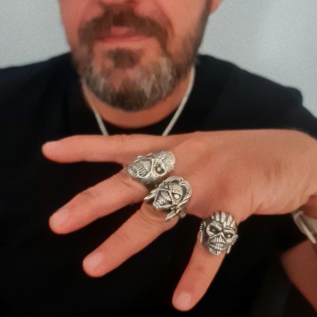 Handmade Sterling Silver Eddie Skull Ring - Biker Punk Rock