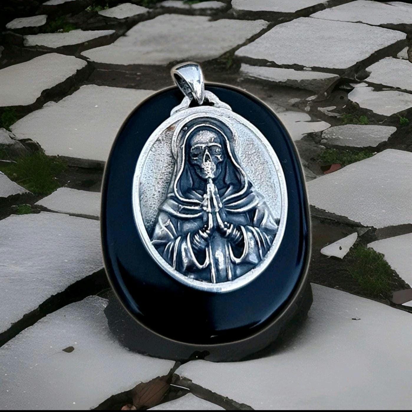 925 Silver Santa Muerte Pendant: Gothic Praying Skull Necklace