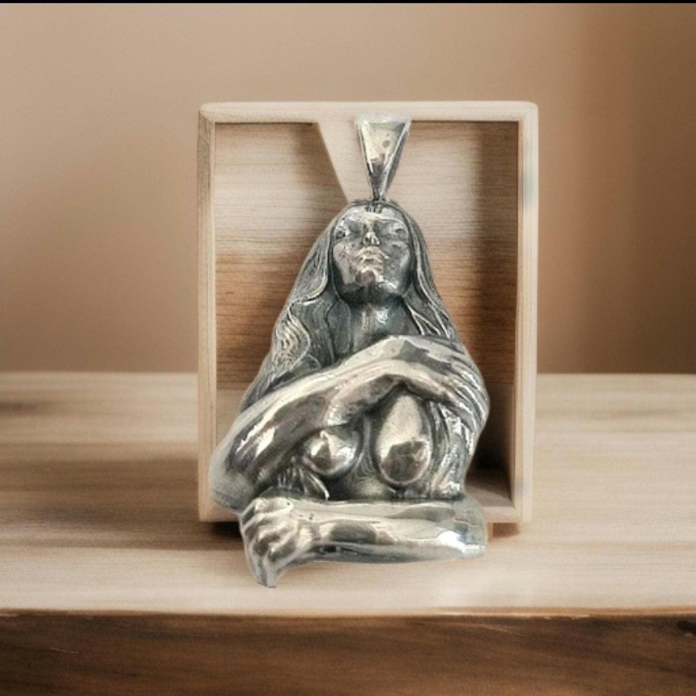 Retro topless godess held by man's arms- Pendant in 925 Sterling Silver -Unique Handcrafted Gift for Her or him