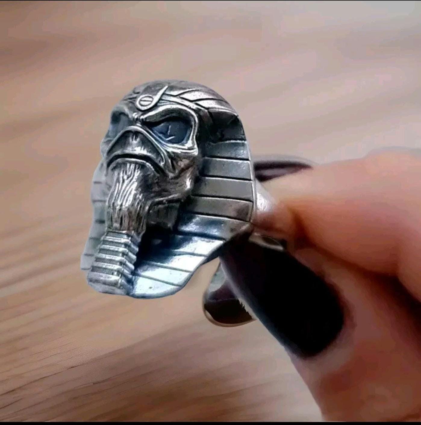 Handmade Sterling Silver Iron Maiden Powerslave Pharaoh King Skull Ring: Gothic Biker Jewelry