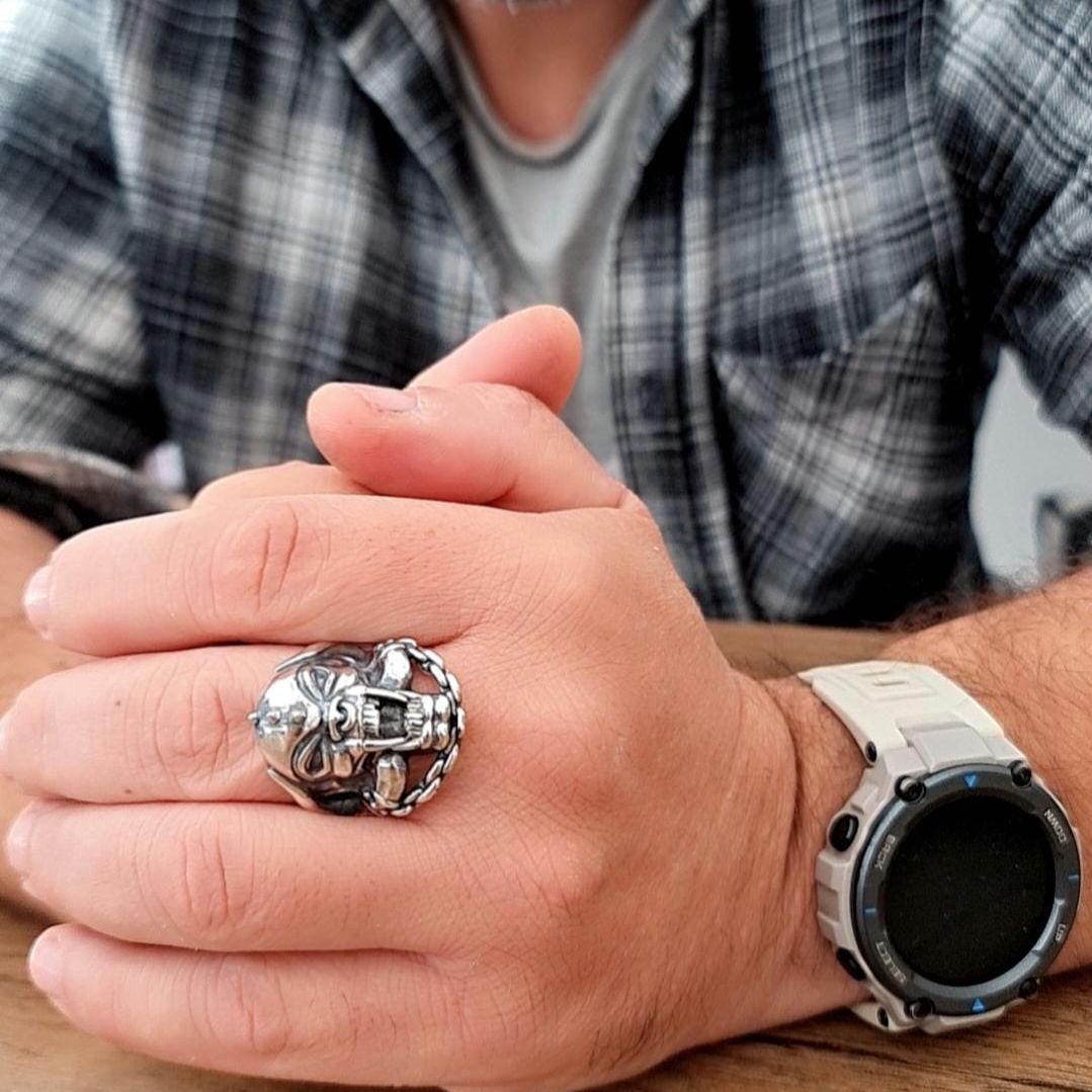 Handmade 925 Silver Motorhead War Pig Ring: Gothic Rockstar Jewelry