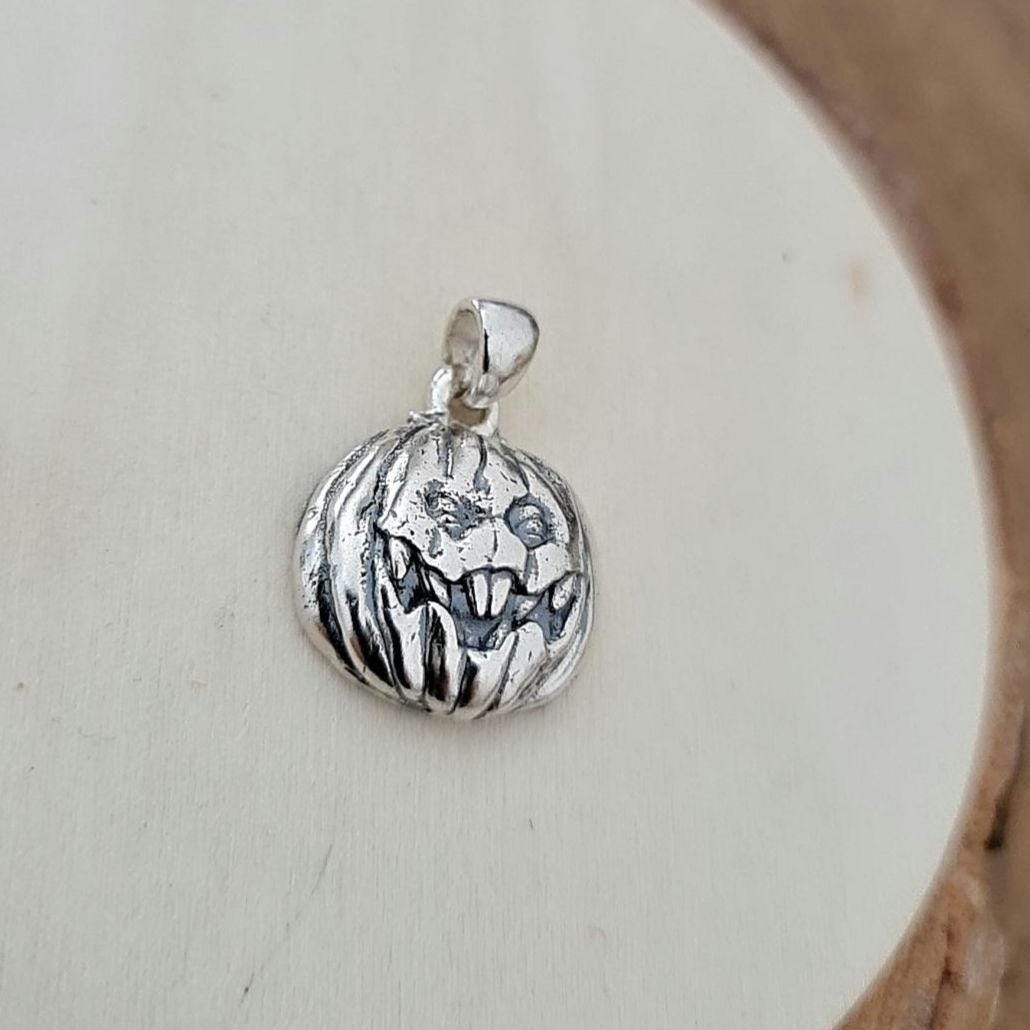 Jack-o'-Lantern Pumpkin Pendant -Spooky Halloween Jewelry- Handmade Sterling Silver-