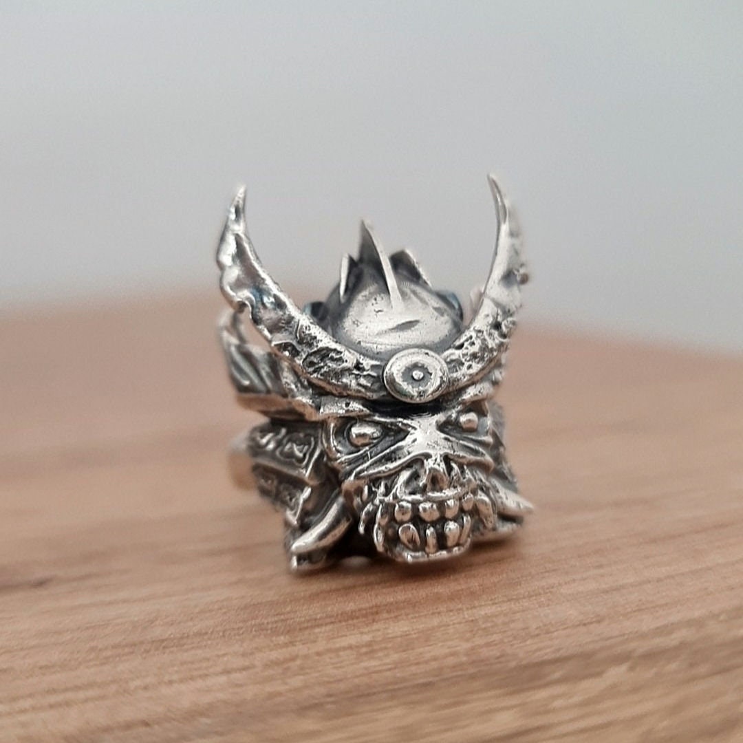 Handmade Sterling Silver Eddie Samurai Skull Ring - Japanese - Eddie Ring- Unique design - Rock Ring- Heavy metal Ring