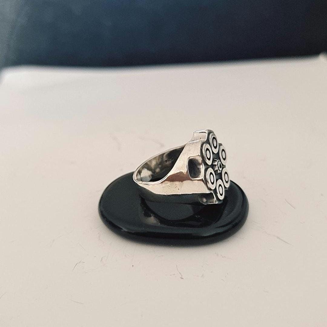 Bullet Revolver Ring - Ammo Signet Ring: Sterling Silver Bullet Casing, Rebel Biker Style, Magnum Revolver Gun Cylinder Ring
