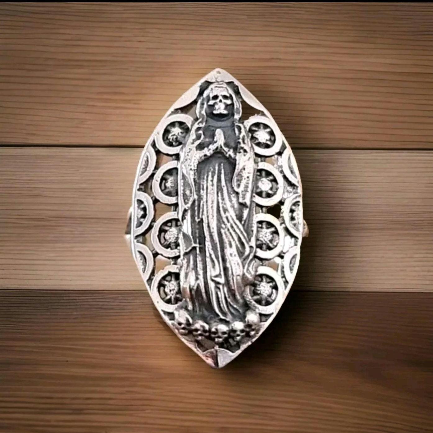 Santa Muerte Ring 925 Silver - Handcrafted Santa Muerte Ring -Saint Death Ring with modern pattern