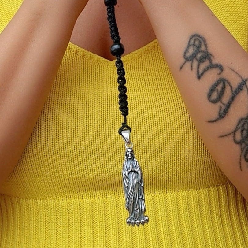 Handmade 925 Silver Santa Muerte Rosary Necklace: Gothic Grim Reaper