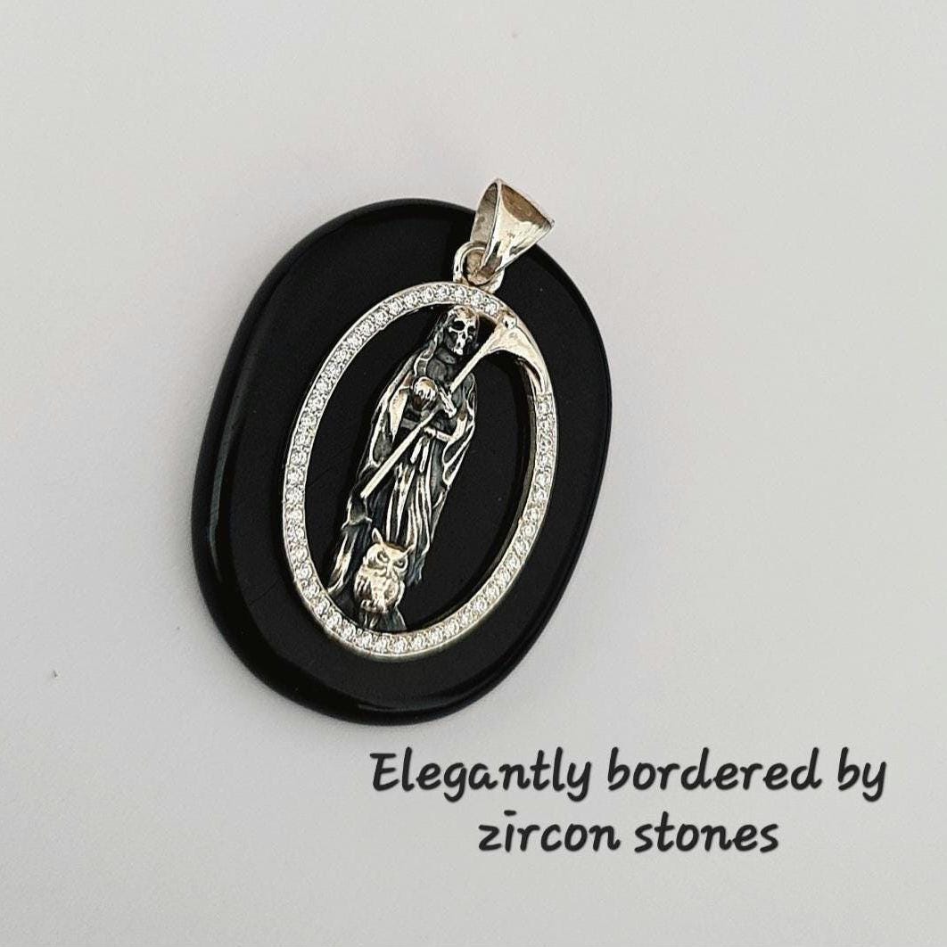 Handmade Silver Santa Muerte Pendant: Gothic Scythe Amulet with Zirconia