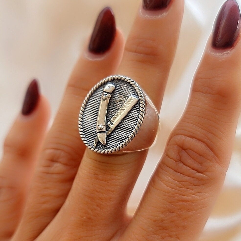 Handmade Sterling Silver Barber Razor Signet Ring - Gothic Style
