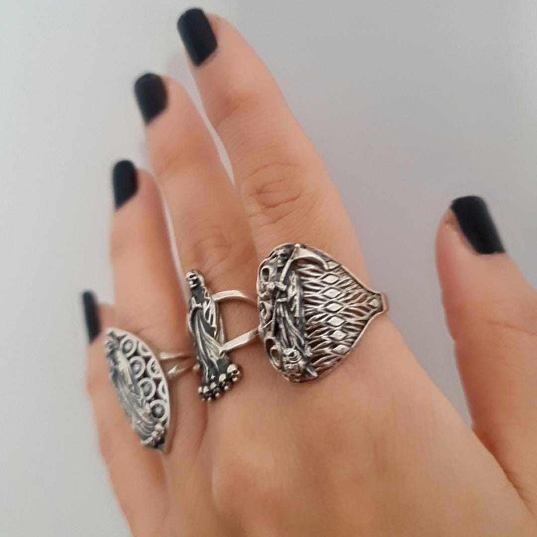 Santa Muerte Ring 925 Silver -Saint Death Ring with modern pattern solid Ring