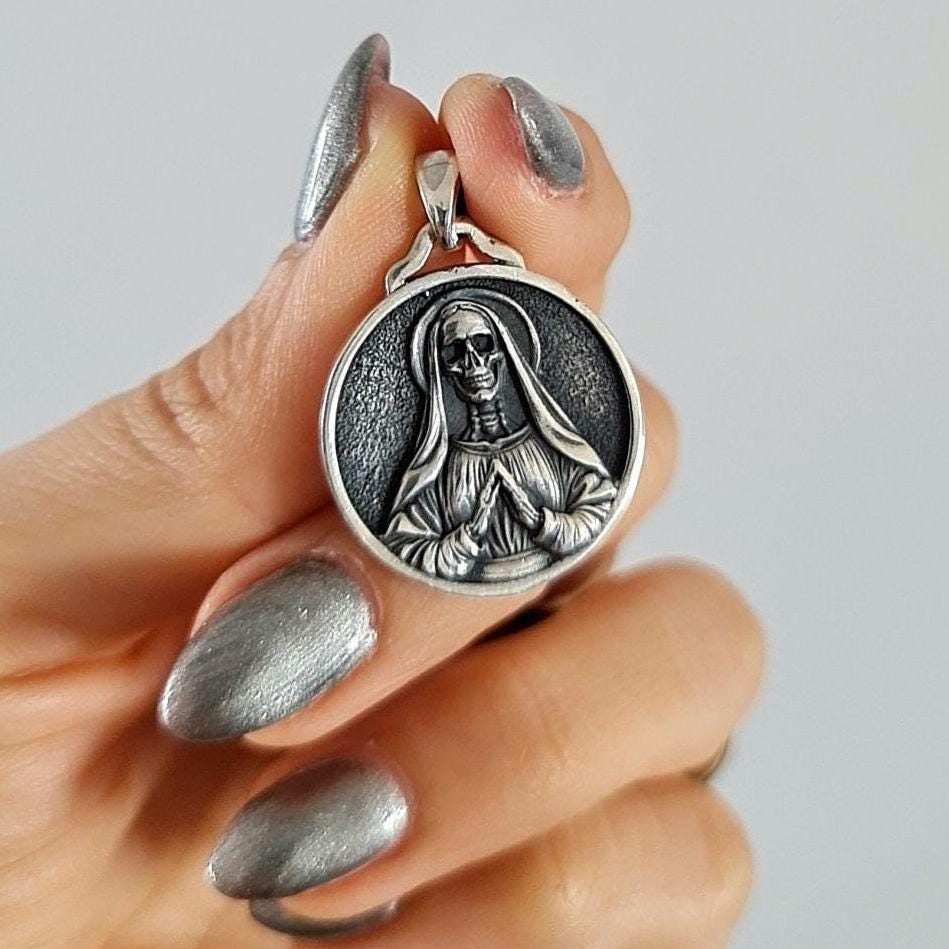 925 Silver Santa Muerte Pendant: Handmade Gothic Necklace