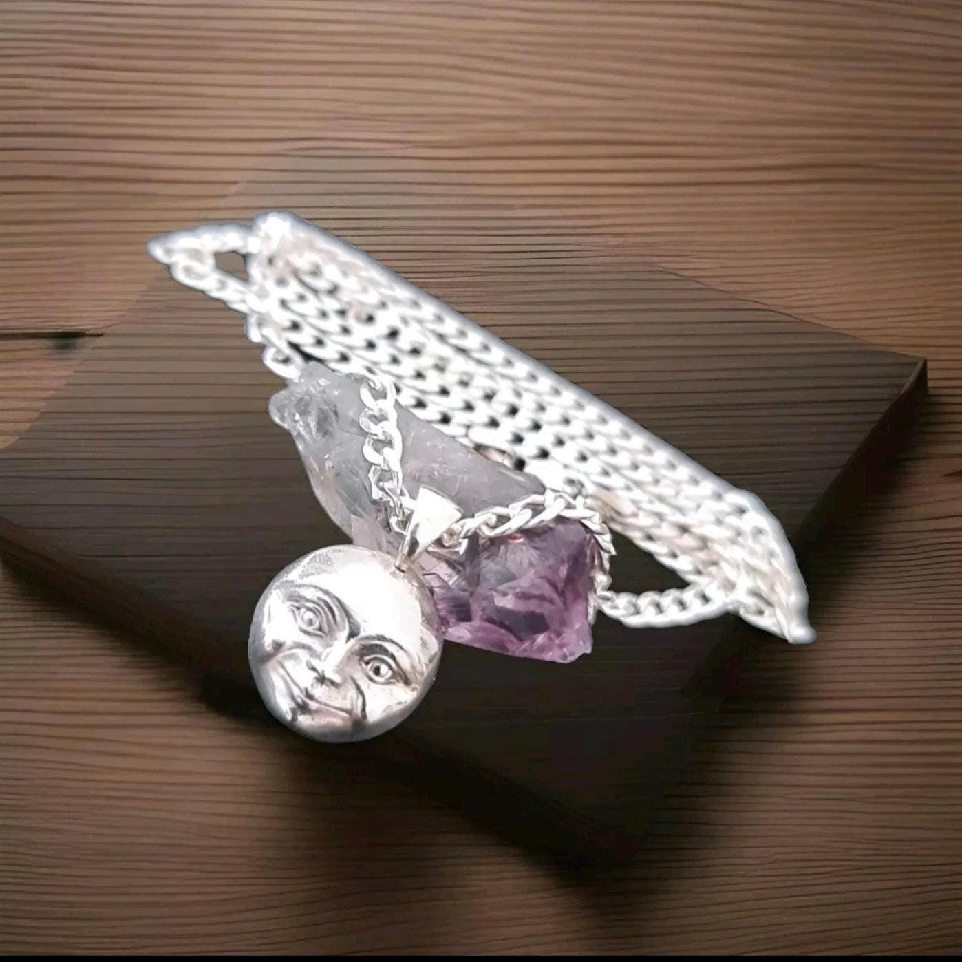 Crescent full Moon Face Pendant in 925 Sterling Silver - Unique Handcrafted solid