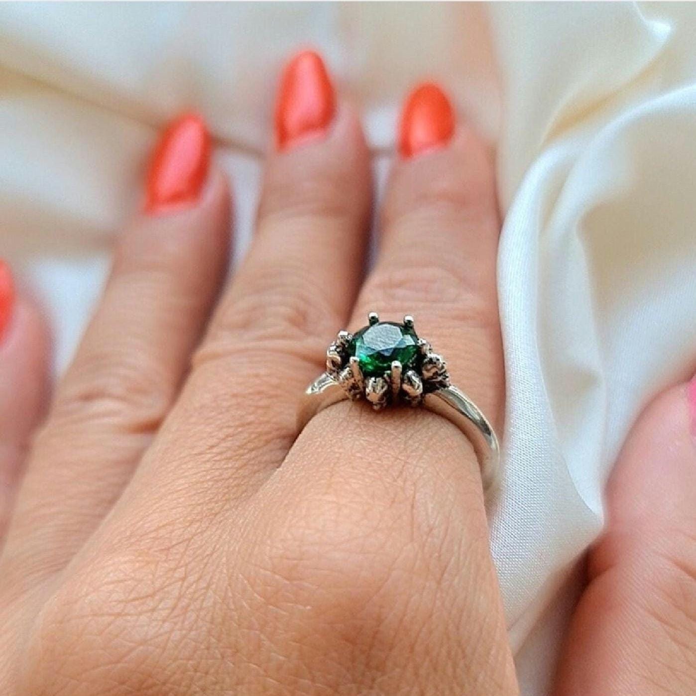 Handmade Gothic Skull Sterling Silver Solitaire Ring with Zircon