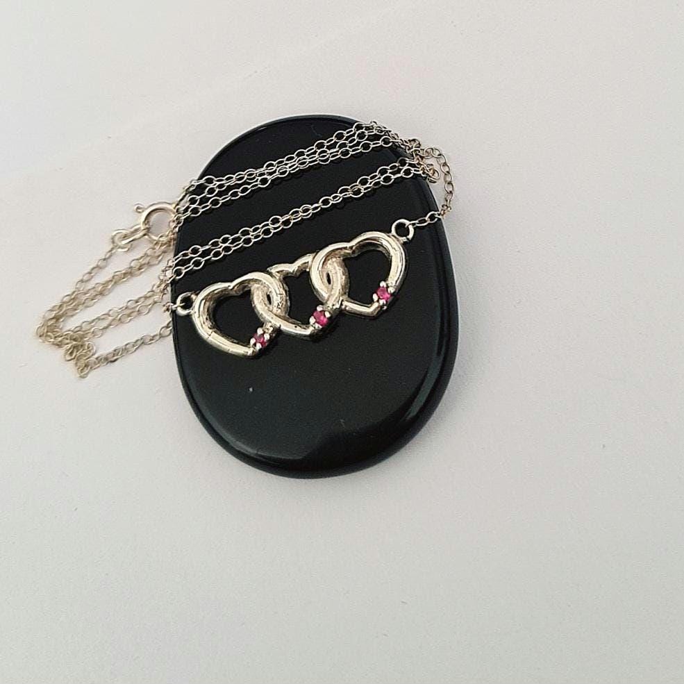 Sterling Silver Interlocking Hearts Necklace: Red Stone Accents, Romantic Gift