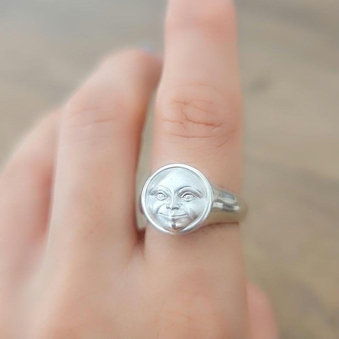 Handmade Sterling Silver Full Moon Face Ring: Celestial Jewelry
