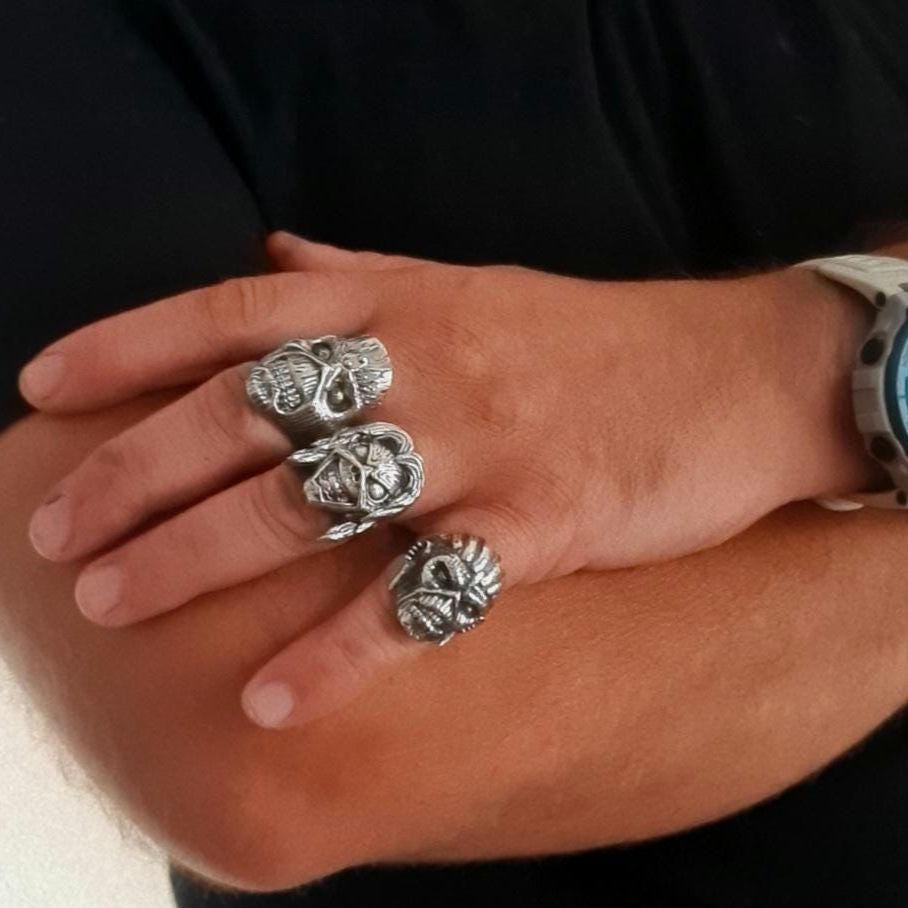 Handmade Sterling Silver Iron Maiden Book of Souls Eddie Mayan Skull Ring Pendant: Rock Heavy Metal Bundle