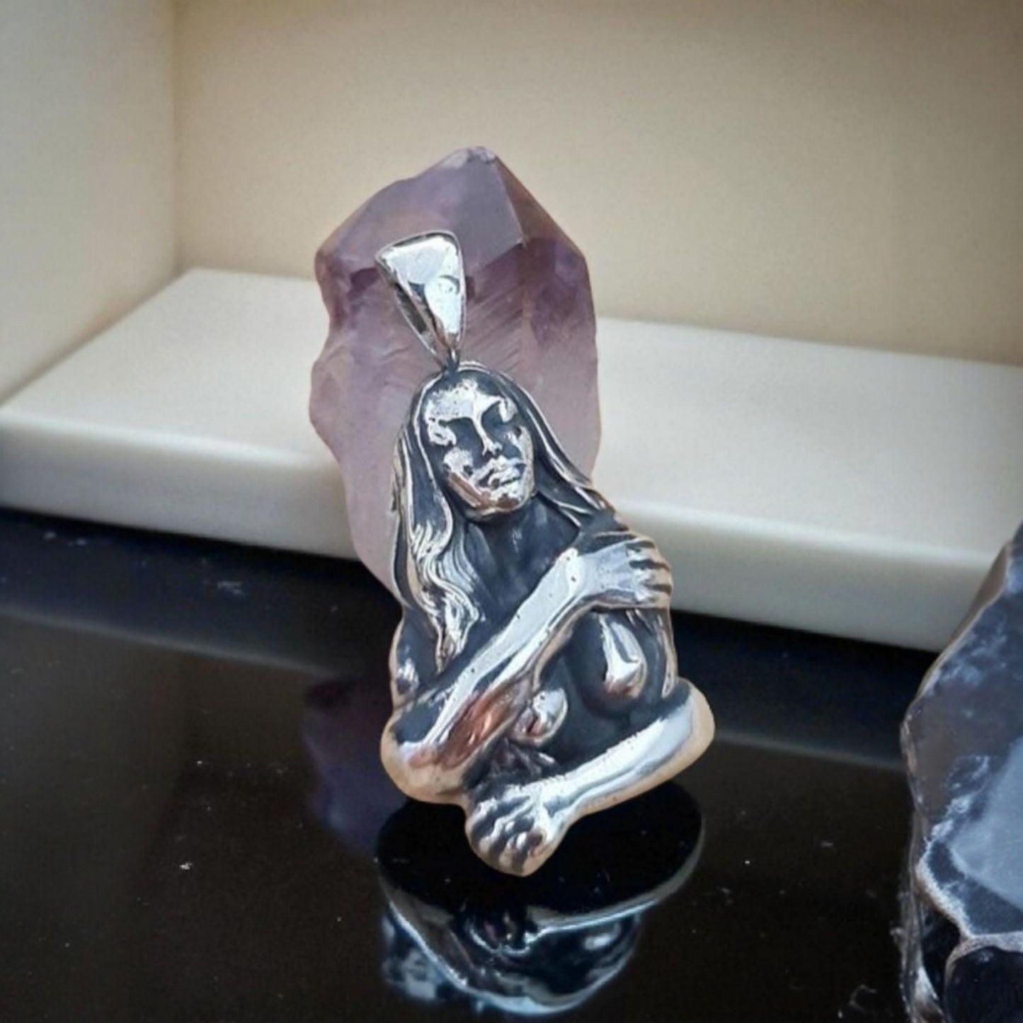 Retro topless godess held by man's arms- Pendant in 925 Sterling Silver -Unique Handcrafted Gift for Her or him