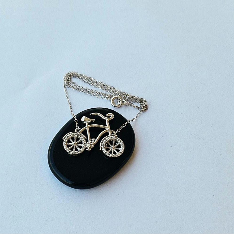Sterling Silver Bicycle Necklace: Zircon Wheels, Cycling Charm