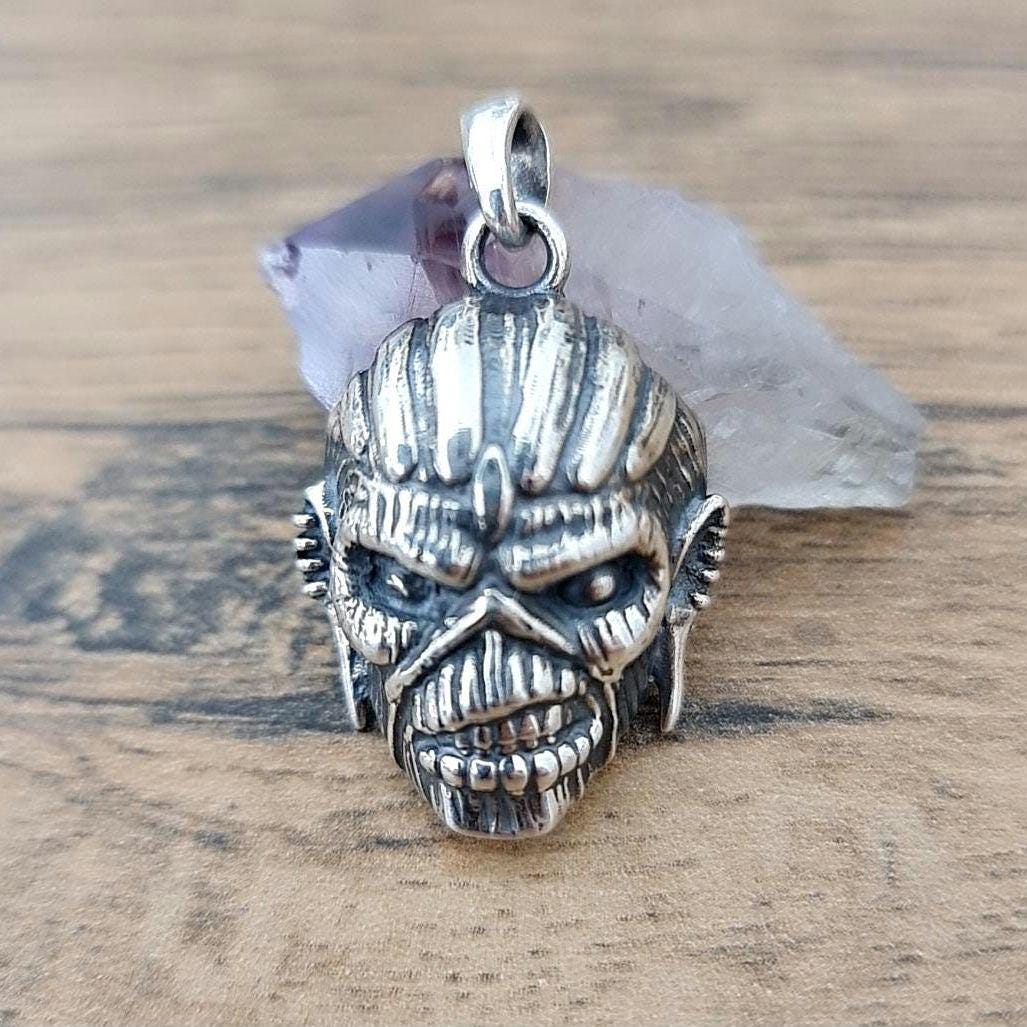 Handmade Sterling Silver Iron Maiden Book of Souls Eddie Mayan Skull Ring Pendant: Rock Heavy Metal Bundle