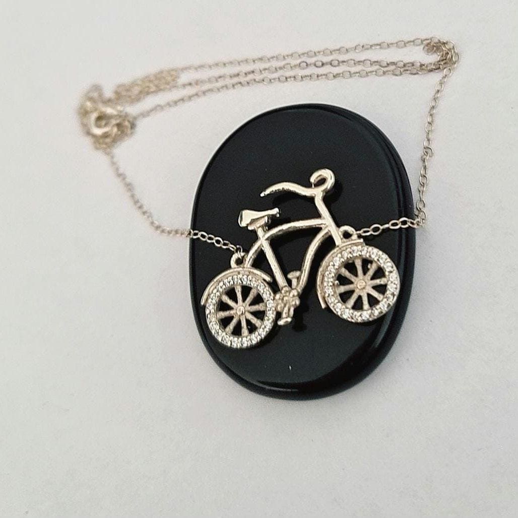 Sterling Silver Bicycle Necklace: Zircon Wheels, Cycling Charm