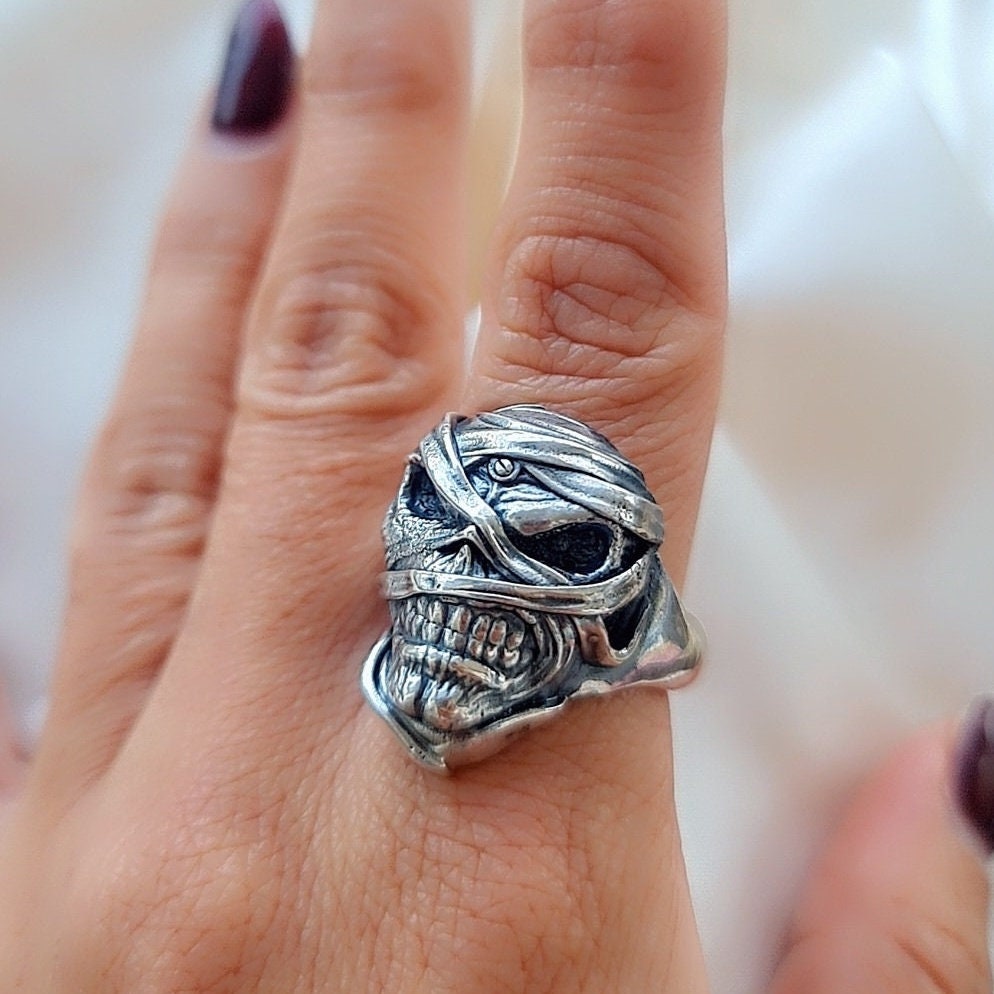 Eddie Mummy Skull Ring – Egyptian Rock Jewelry – Unique Heavy Metal Statement Handmade Sterling Silver