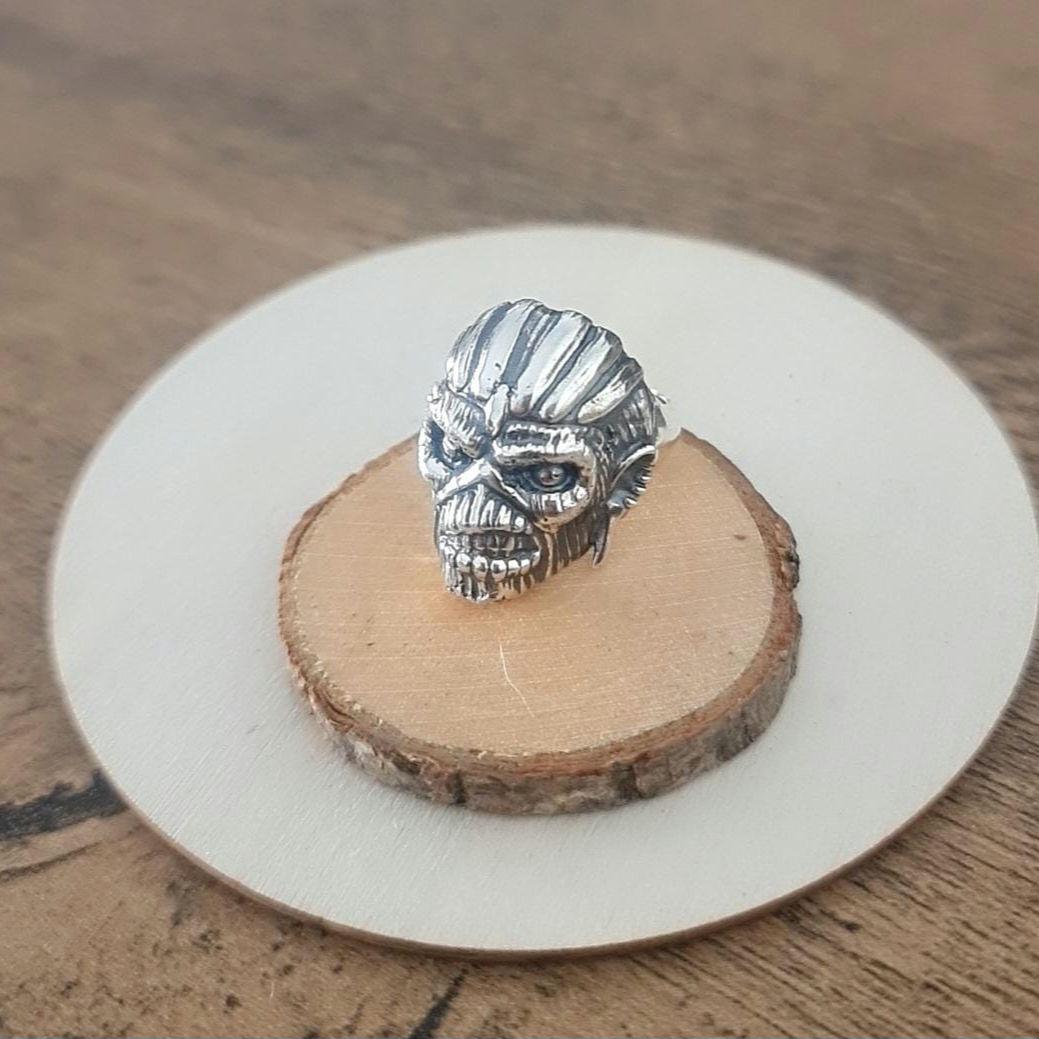Eddie Mayan Warrior Skull Ring -solid -Unique design-Rock Heavy metal sterling silver