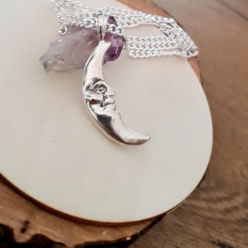 Crescent Moon Face Pendant 925 Sterling Silver - Unique Handcrafted