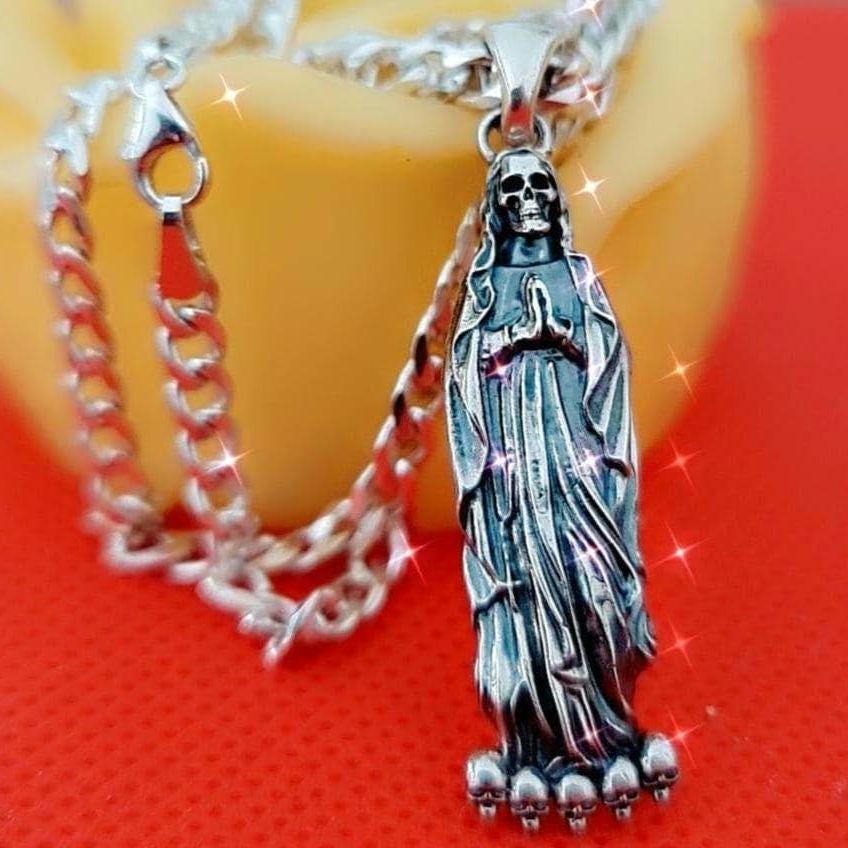 Handmade Santa Muerte Pendant Sterling Silver Gothic Necklace