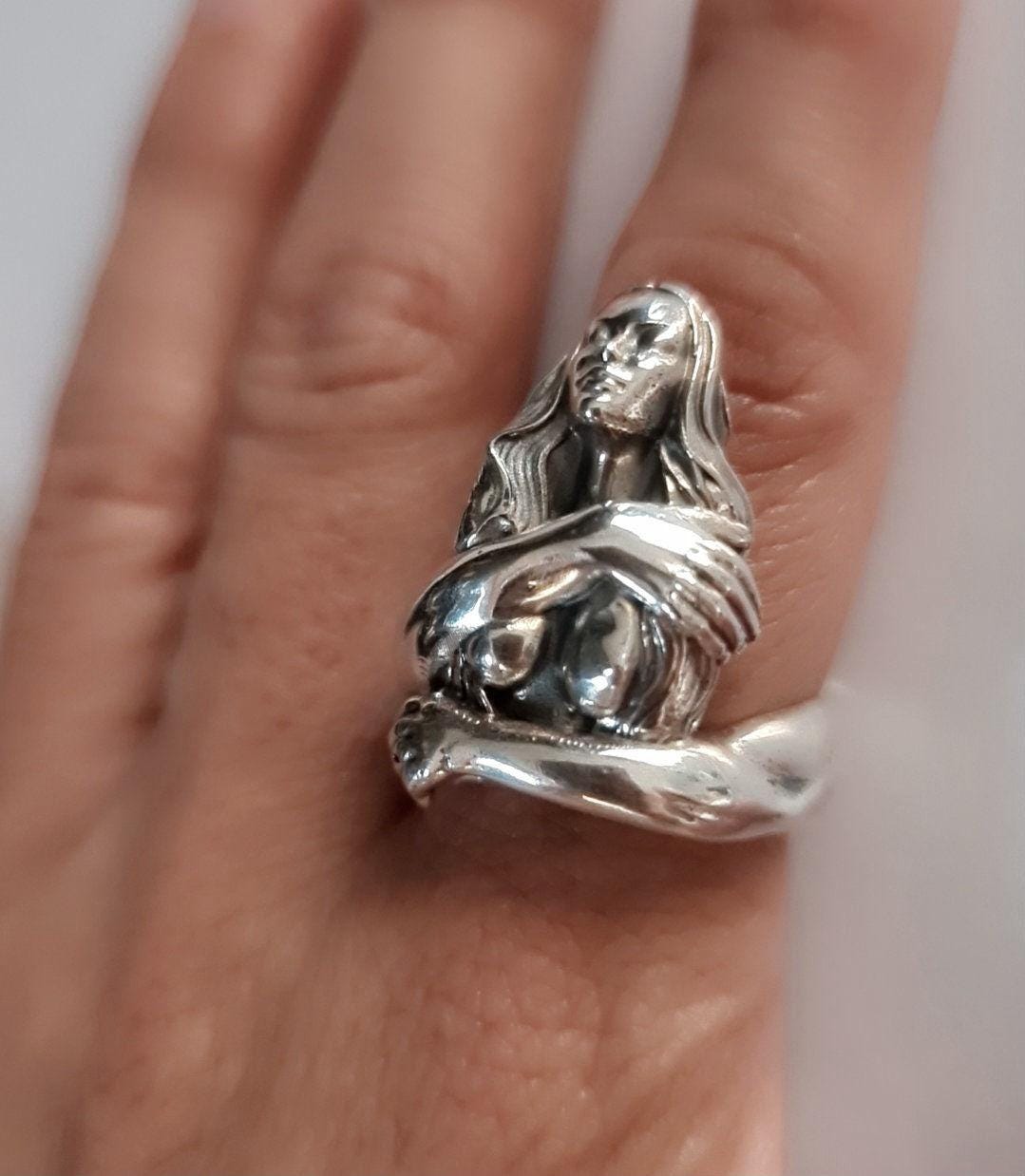 Handmade Sterling Silver Goddess Ring: Gothic Retro Statement Jewelry