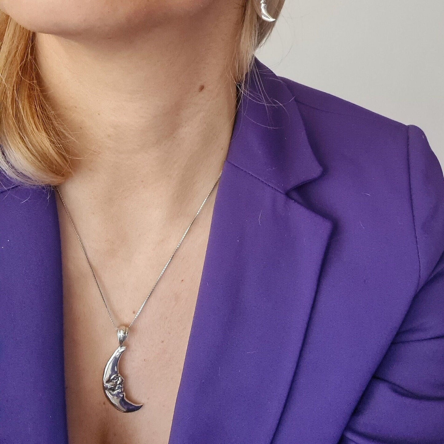 Crescent Moon Face Pendant 925 Sterling Silver - Unique Handcrafted