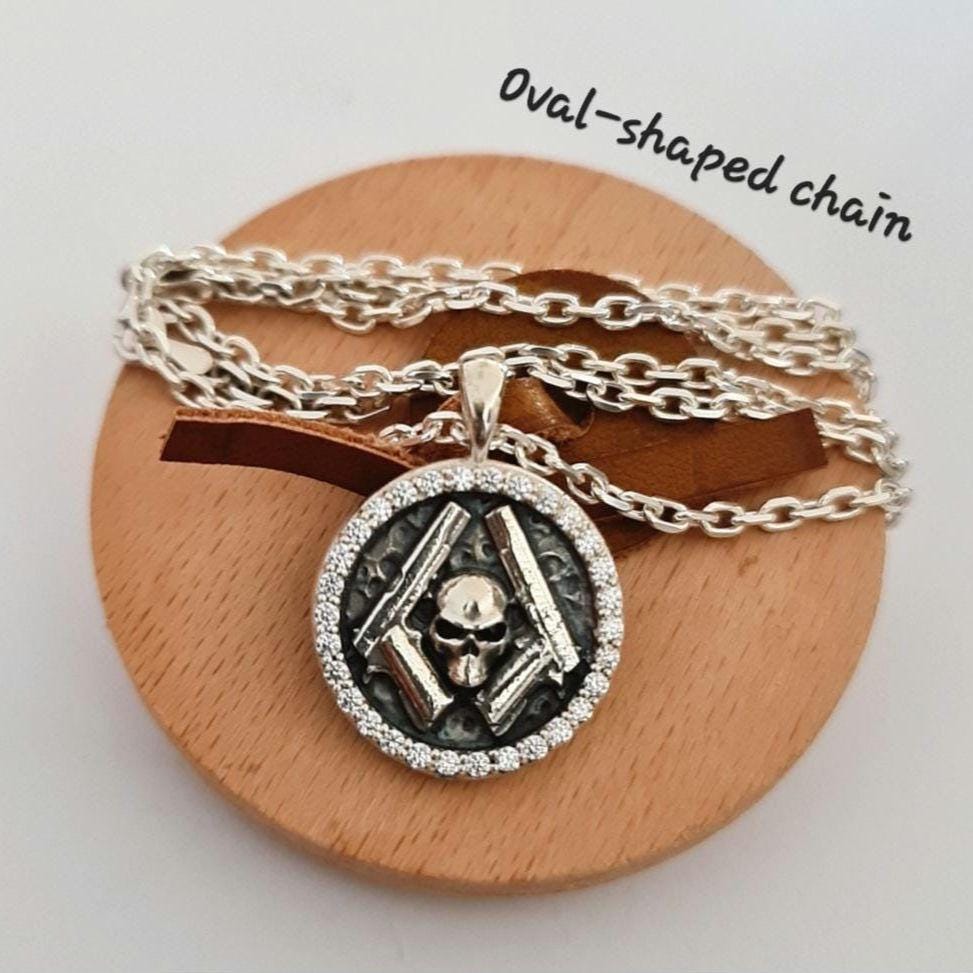 Skull Guns bordered with Ziecon Gothic Biker Necklace for men & women Rebel Outlaw Motorcycle Gift