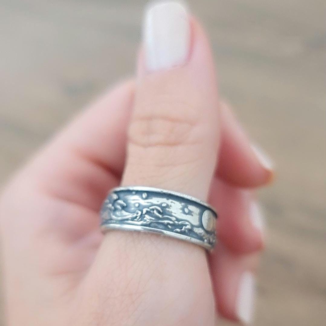Oxidized Sterling Silver Japanese Wave Ring: Handmade Gothic Jewelry