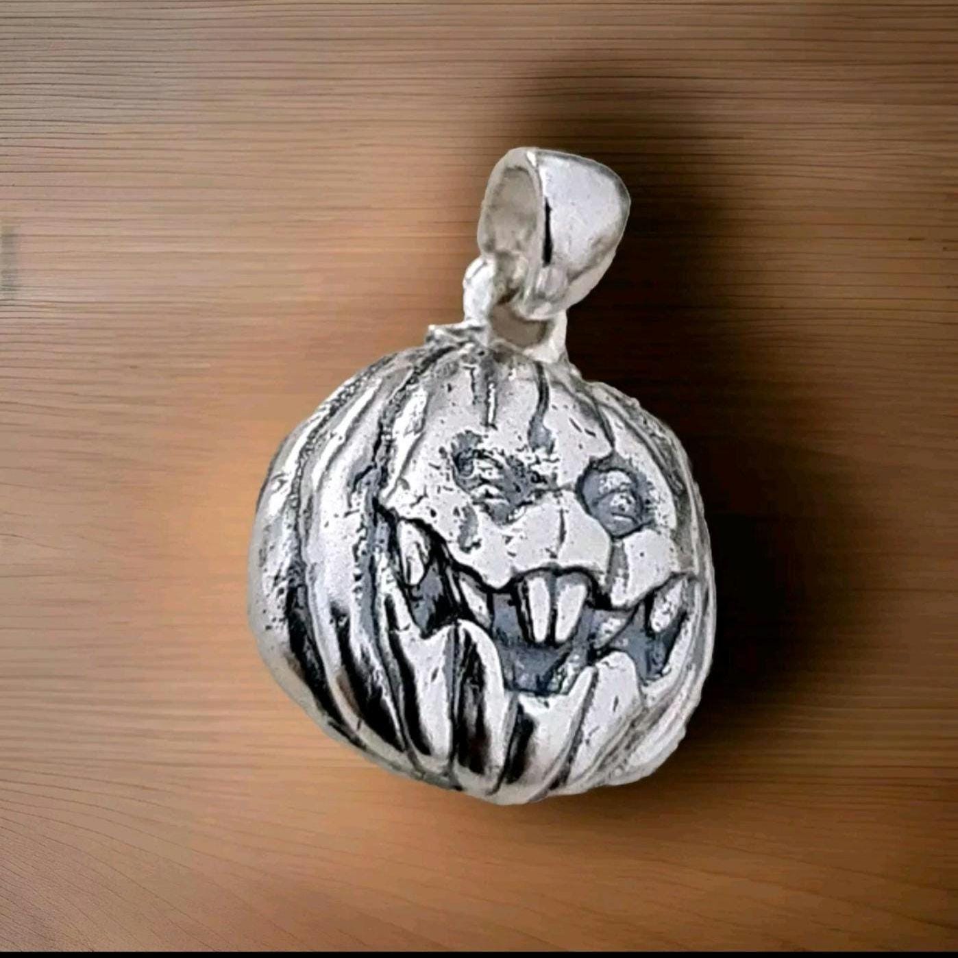 Jack-o'-Lantern Pumpkin Pendant -Spooky Halloween Jewelry- Handmade Sterling Silver-