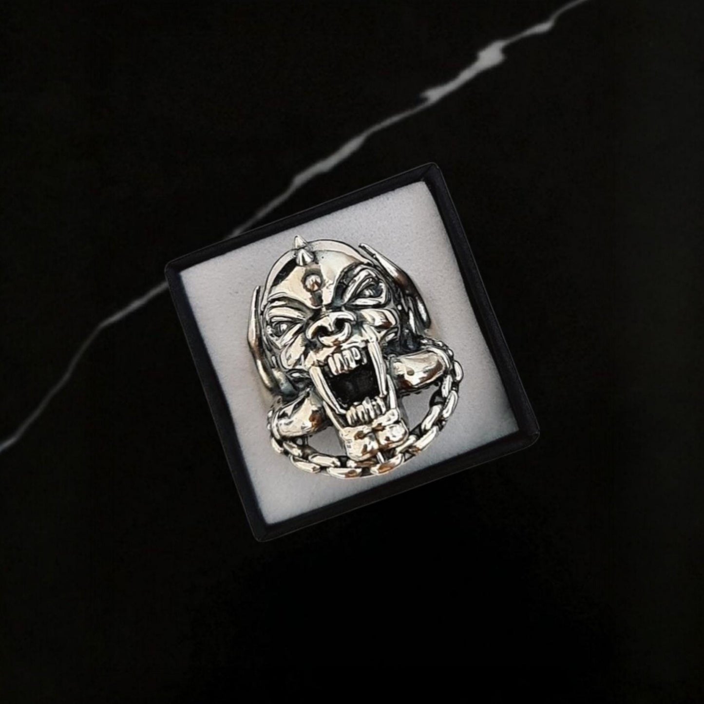 Handmade 925 Silver Motorhead War Pig Ring: Gothic Rockstar Jewelry