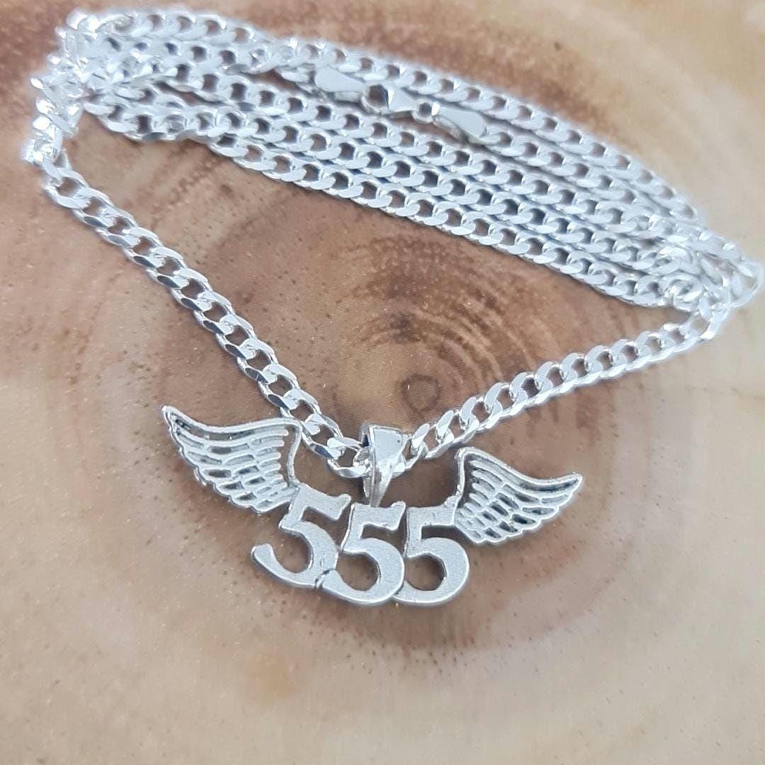 555 Angel Number Sterling Silver Pendant Necklace with Wings
