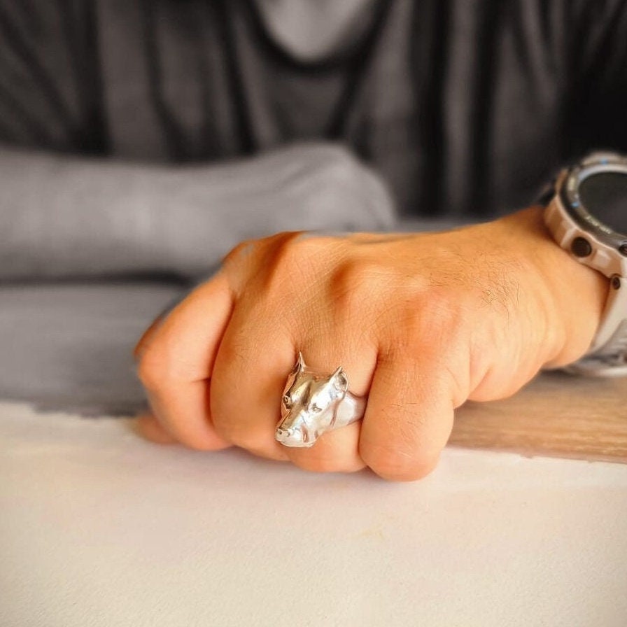 Handmade Sterling Silver Pitbull Ring: Dog Lover Gift