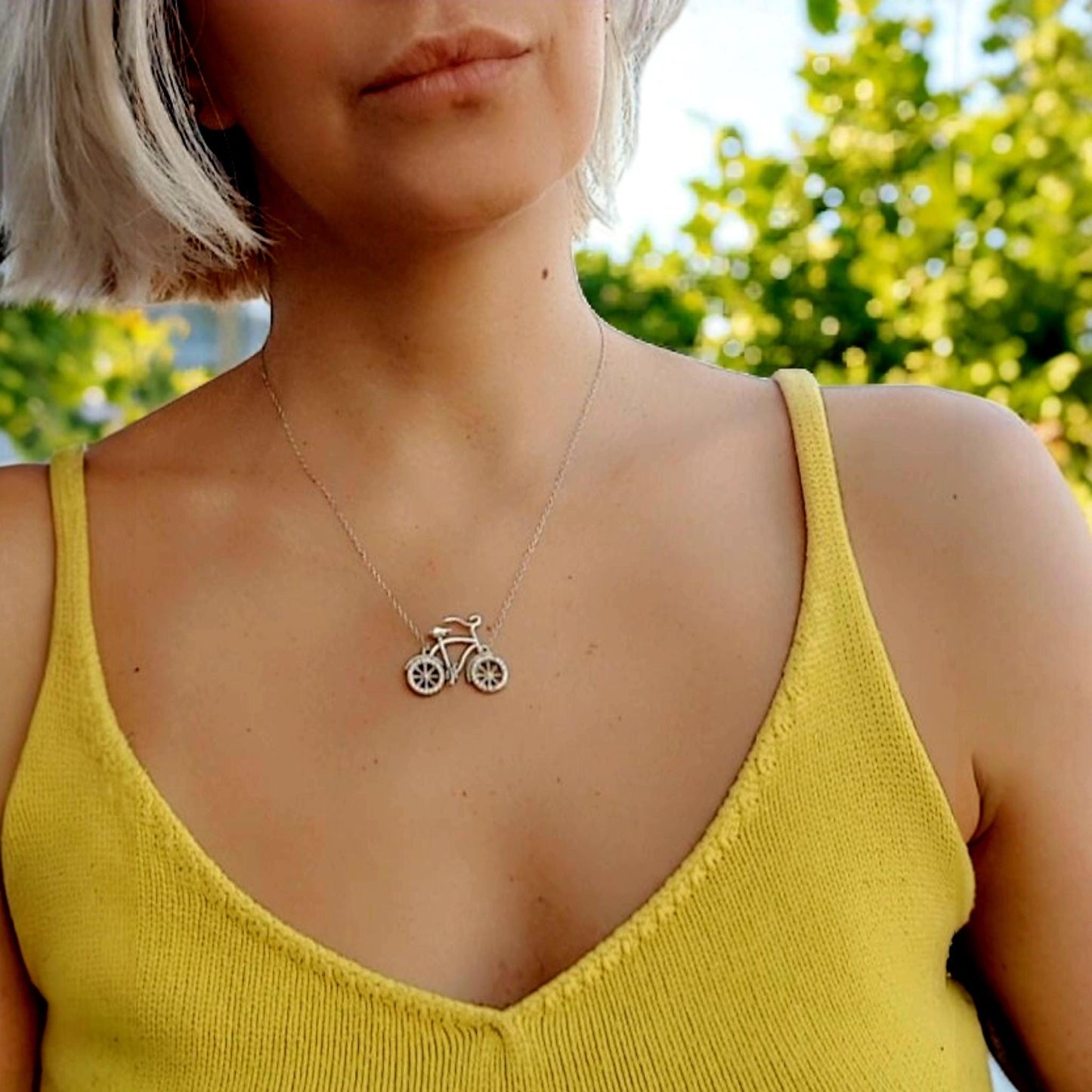 Sterling Silver Bicycle Necklace: Zircon Wheels, Cycling Charm