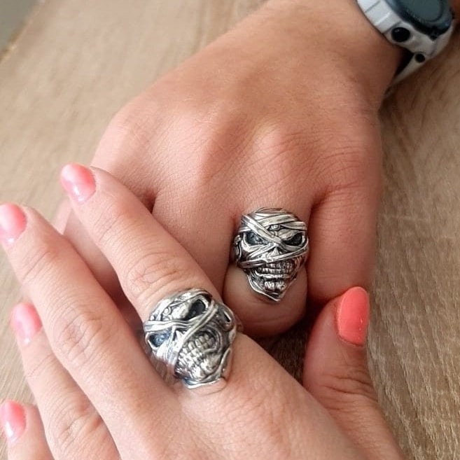 Eddie Mummy Skull Ring – Egyptian Rock Jewelry – Unique Heavy Metal Statement Handmade Sterling Silver