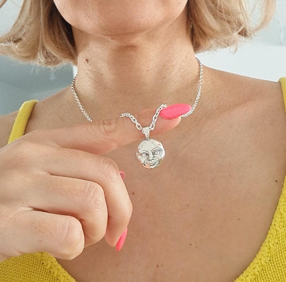 Crescent full Moon Face Pendant in 925 Sterling Silver - Unique Handcrafted solid