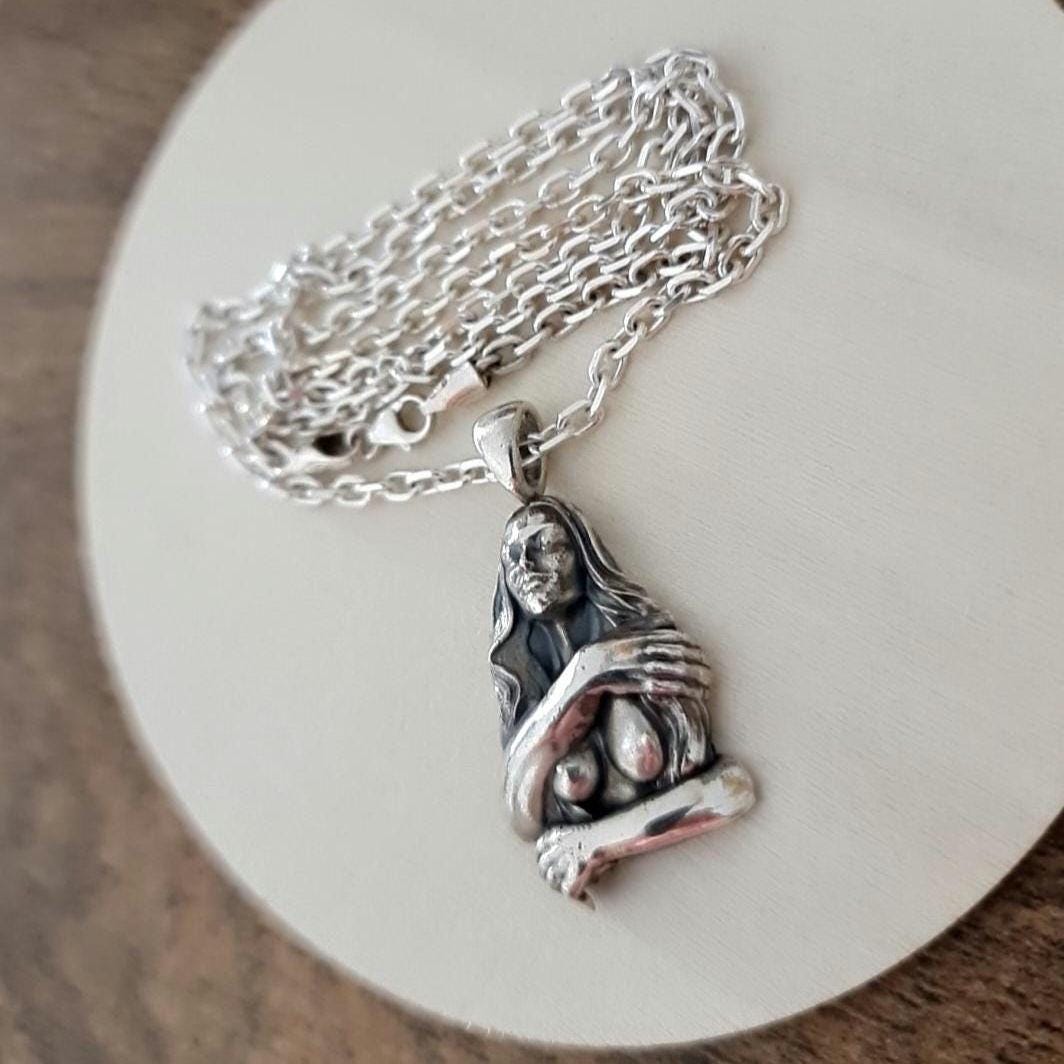 Retro topless godess held by man's arms- Pendant in 925 Sterling Silver -Unique Handcrafted Gift for Her or him