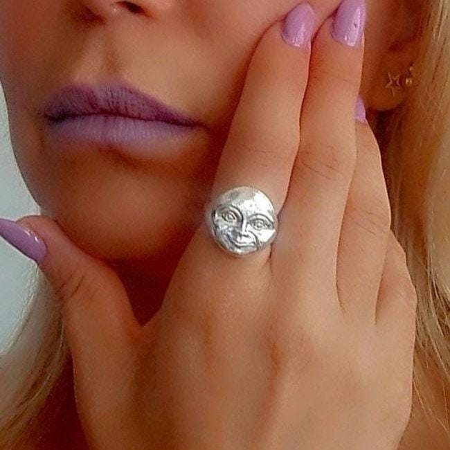 Handcrafted Sterling Silver Full Moonface Ring - Celestial Jewelry