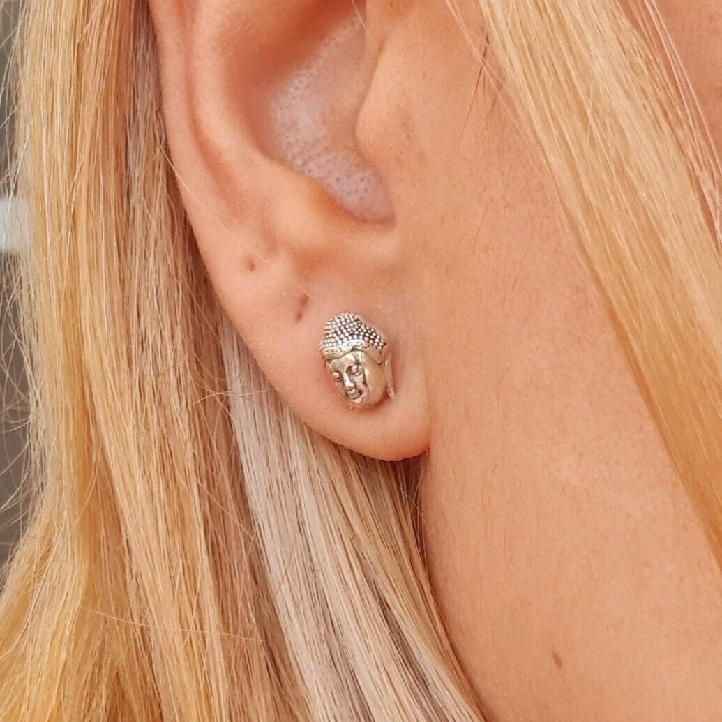Buddha Head Stud Earrings - Handmade Zen Jewelry - Spiritual for Meditation & Yoga Enthusiasts Sterling Silver