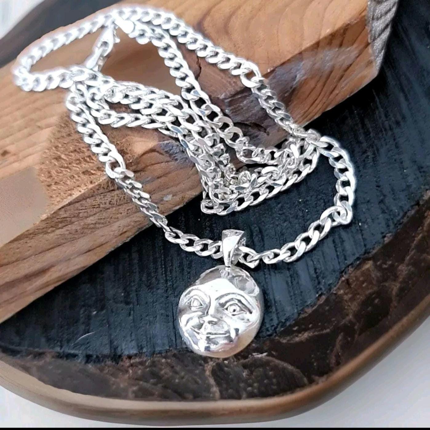 Crescent full Moon Face Pendant in 925 Sterling Silver - Unique Handcrafted solid