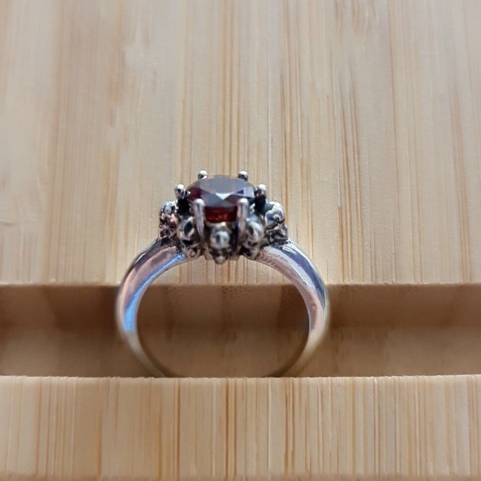 Handmade Gothic Skull Sterling Silver Solitaire Ring with Zircon