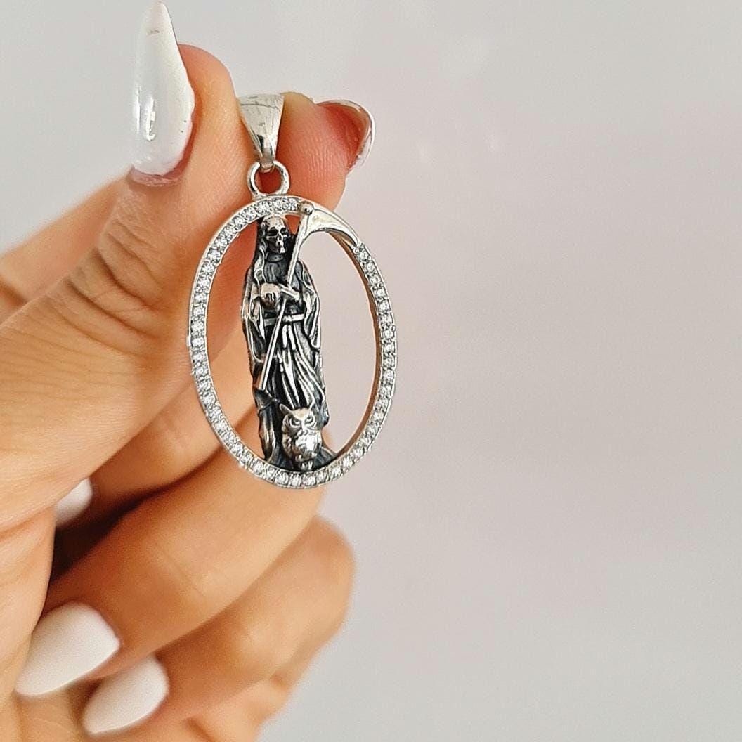 Handmade Silver Santa Muerte Pendant: Gothic Scythe Amulet with Zirconia