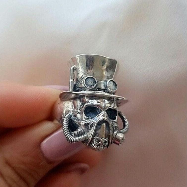 Steampunk-Inspired Silver Skull Ring - stylish Gothic solid & Sturdy Sterling Silver